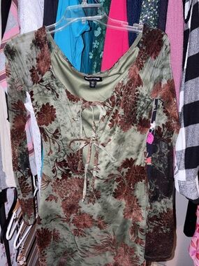 PrettyLittleThing Olive Green Velvet Floral Maxi Dress with Rust Accents